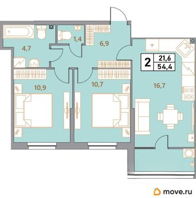 3-комн. квартира, 54.4 м&sup2;
