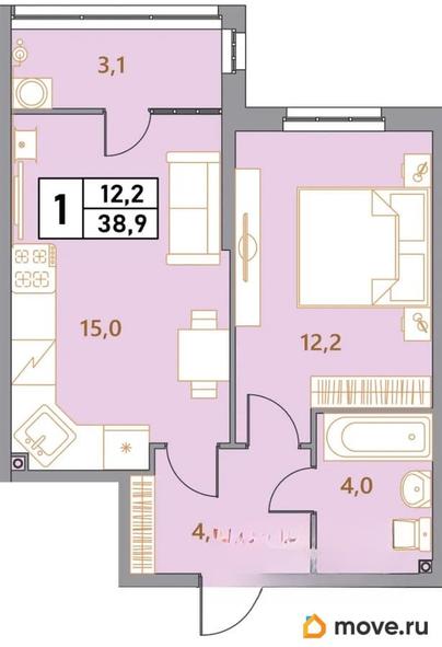 2-комн. квартира, 38.9 м&sup2;