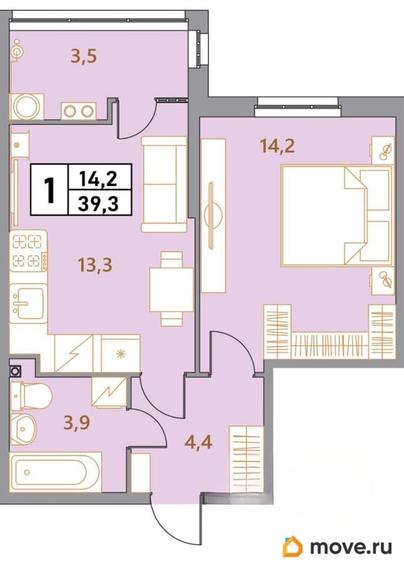 2-комн. квартира, 39.3 м&sup2;