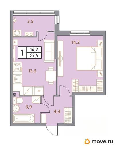 2-комн. квартира, 39.6 м&sup2;