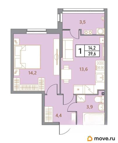 2-комн. квартира, 39.6 м&sup2;