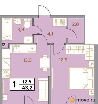 2-комн. квартира, 43.2 м&sup2;