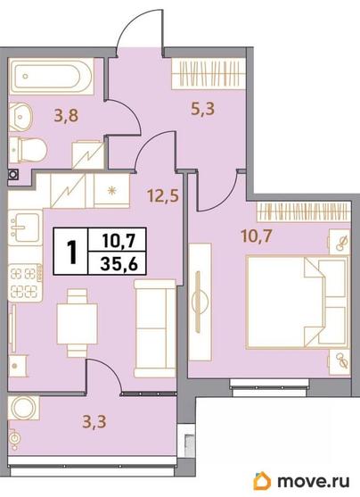 1-комн. квартира, 35.6 м&sup2;