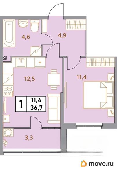 1-комн. квартира, 36.7 м&sup2;