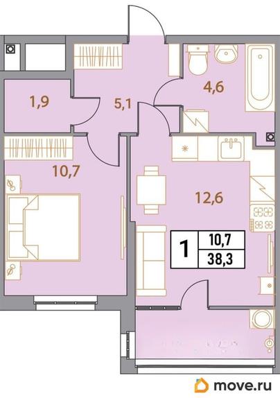 1-комн. квартира, 38.3 м&sup2;