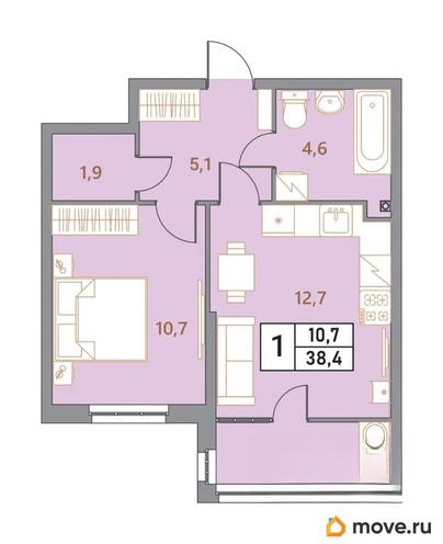 1-комн. квартира, 38.4 м&sup2;
