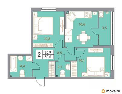 2-комн. квартира, 50 м&sup2;
