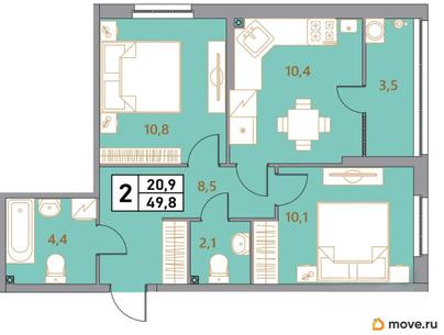 2-комн. квартира, 49.8 м&sup2;