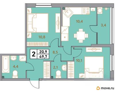 2-комн. квартира, 49.7 м&sup2;