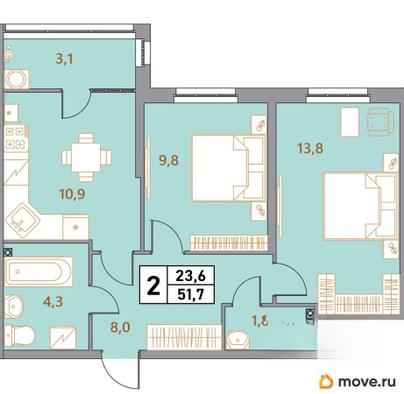 2-комн. квартира, 51.7 м&sup2;