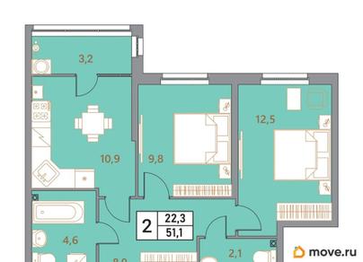 2-комн. квартира, 51.1 м&sup2;