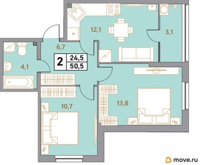 2-комн. квартира, 50.5 м&sup2;