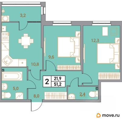 2-комн. квартира, 51.2 м&sup2;