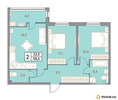 3-комн. квартира, 58.6 м&sup2;