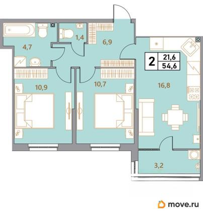 3-комн. квартира, 54.6 м&sup2;