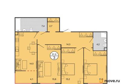 3-комн. квартира, 91.4 м&sup2;