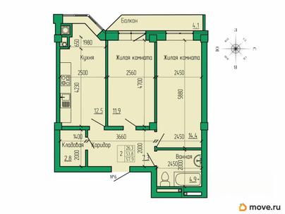2-комн. квартира, 57.9 м&sup2;