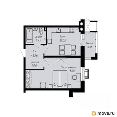 1-комн. квартира, 43.76 м&sup2;