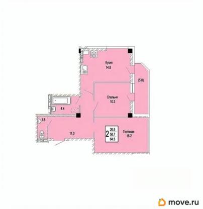 2-комн. квартира, 64.5 м&sup2;