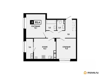 2-комн. квартира, 55.4 м&sup2;