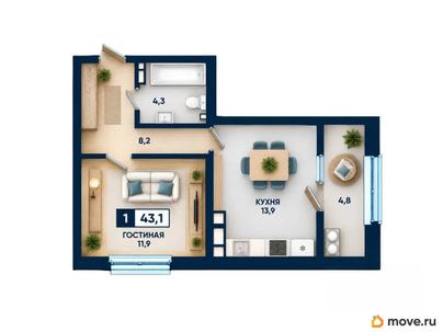 1-комн. квартира, 43.1 м&sup2;