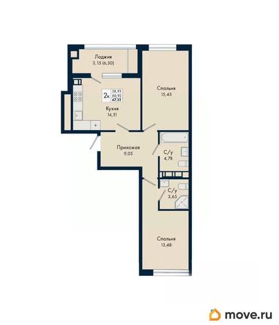 2-комн. квартира, 67.22 м&sup2;