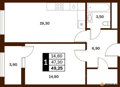1-комн. квартира, 49.25 м&sup2;