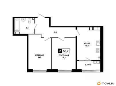 2-комн. квартира, 58.7 м&sup2;