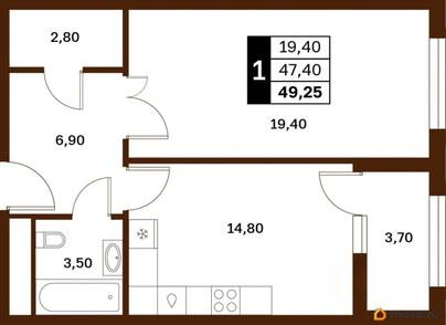 1-комн. квартира, 49.25 м&sup2;