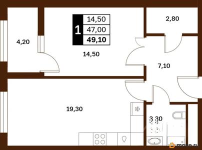 1-комн. квартира, 49.1 м&sup2;