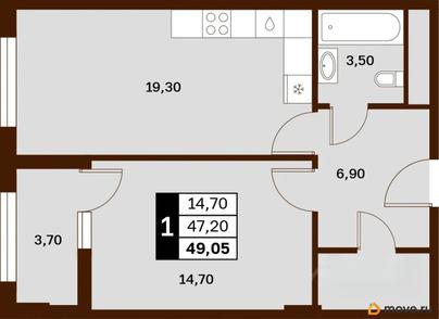 1-комн. квартира, 49.05 м&sup2;