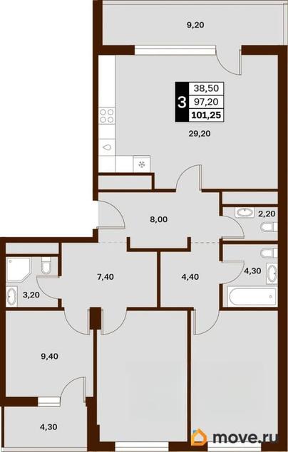 3-комн. квартира, 101.25 м&sup2;