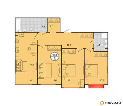 3-комн. квартира, 91.4 м&sup2;