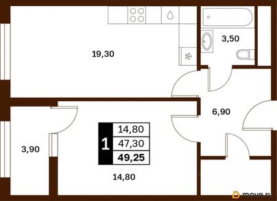 1-комн. квартира, 49.25 м&sup2;