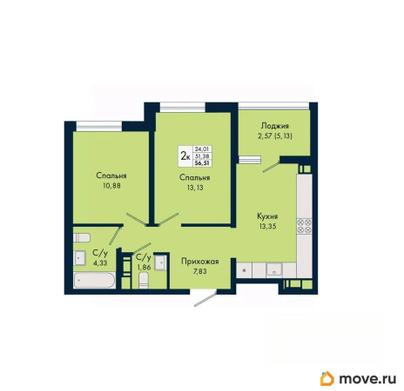 2-комн. квартира, 56.51 м&sup2;