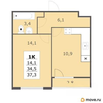 1-комн. квартира, 37.3 м&sup2;