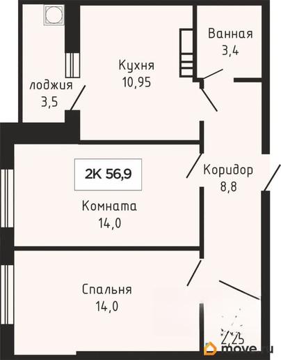 2-комн. квартира, 56.7 м&sup2;