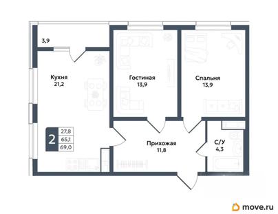 2-комн. квартира, 69 м&sup2;