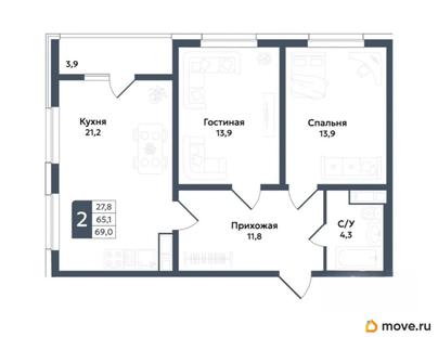 2-комн. квартира, 69 м&sup2;