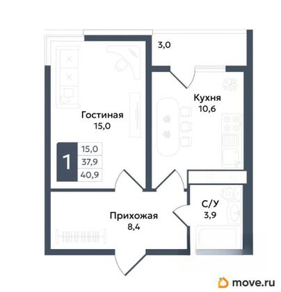 1-комн. квартира, 40.9 м&sup2;