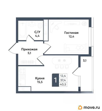 1-комн. квартира, 40.5 м&sup2;