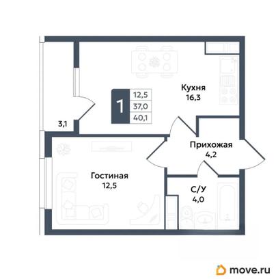 1-комн. квартира, 40.1 м&sup2;