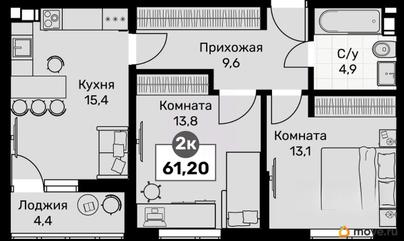 2-комн. квартира, 61.2 м&sup2;