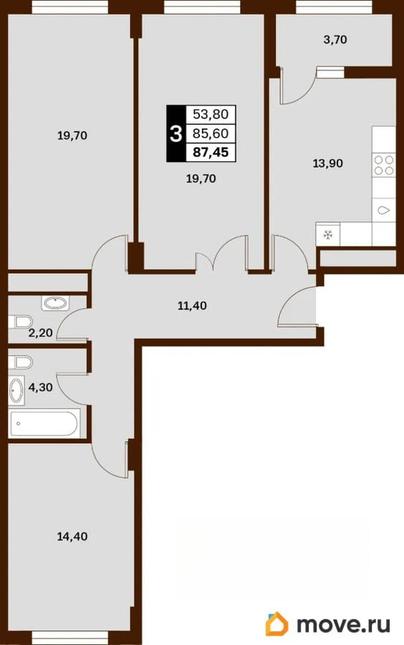 3-комн. квартира, 87.45 м&sup2;