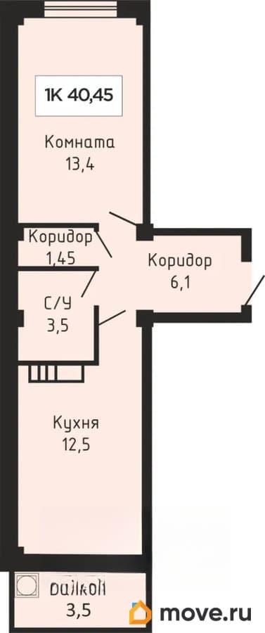 1-комн. квартира, 40.25 м&sup2;