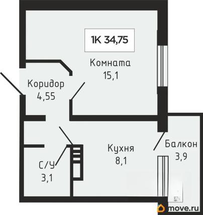 1-комн. квартира, 34.55 м&sup2;