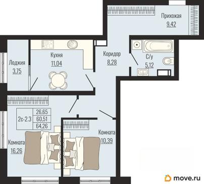 2-комн. квартира, 64.26 м&sup2;