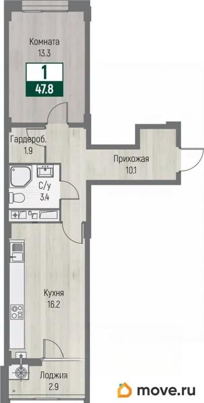 1-комн. квартира, 47.8 м&sup2;