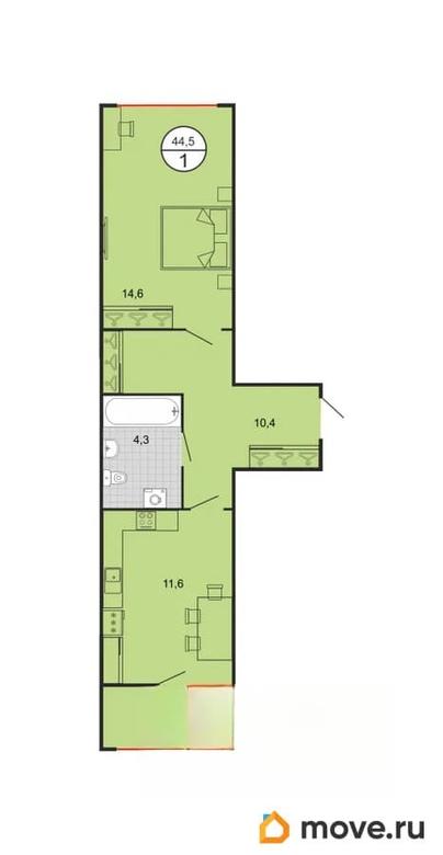 1-комн. квартира, 45.4 м&sup2;