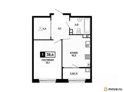 1-комн. квартира, 38.6 м&sup2;